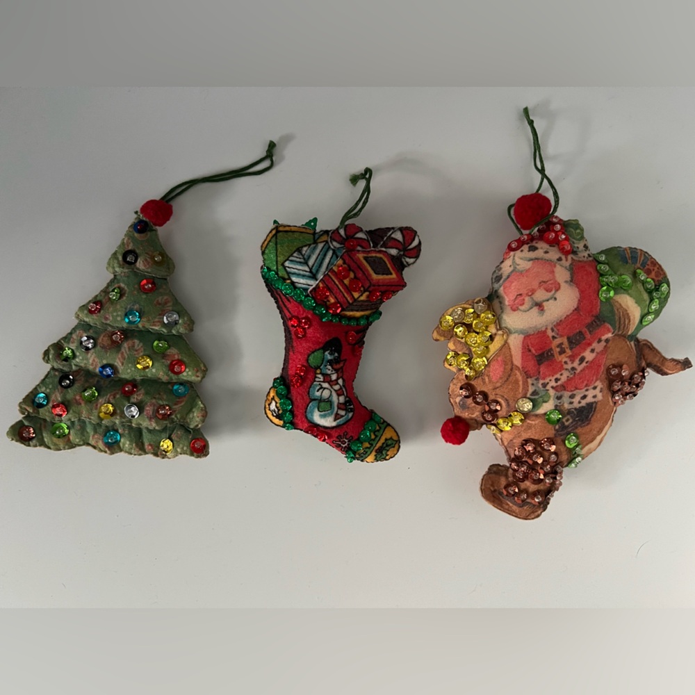 Vintage Handmade Holiday Ornament Trio Christmas Tree, Stocking, and Santa